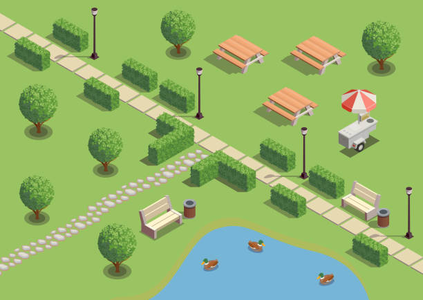 modern city and park infrastructure isometric composition City park recreation area isometric compositions with path pond ducks outdoor furniture lanterns snack vendors vector illustration landscape nature plant animal stock illustrations