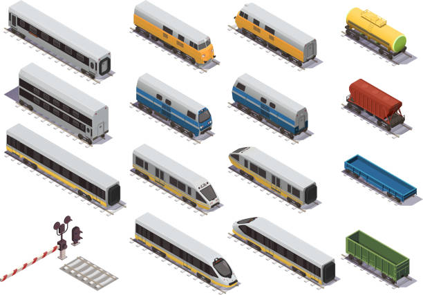 illustrations, cliparts, dessins animés et icônes de ensemble isométrique ferroviaire - bus speed transportation public utility