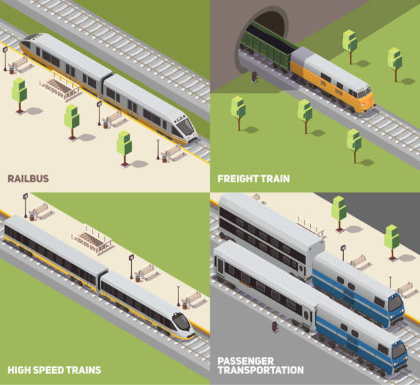 illustrations, cliparts, dessins animés et icônes de chemin de fer ferroviaire isométrique 2x2 - bus speed transportation public utility