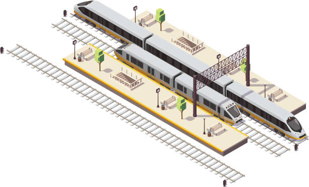 train railway isometric composition Railway station isometric composition with passenger platforms staircase tunnel entrance rail bus and high speed train vector illustration train stations stock illustrations