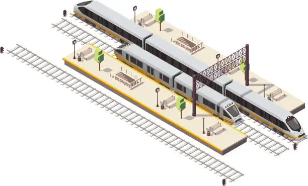 Vector illustration of train railway isometric composition