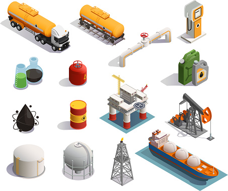 Oil petroleum industry isometric icons set with extraction refinery plant products transportation tanker pipeline isolated vector illustration