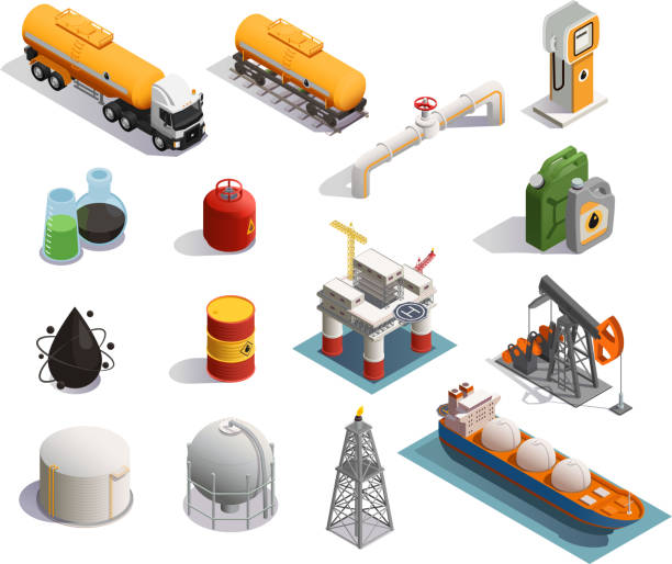 oil profuction petroleum industry isometric icons Oil petroleum industry isometric icons set with extraction refinery plant products transportation tanker pipeline isolated vector illustration oil pipe stock illustrations