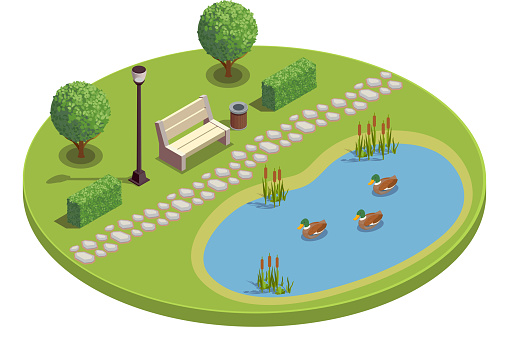 City park recreational area round isometric element with bench trees bushes pond plants reeds ducklings vector illustration