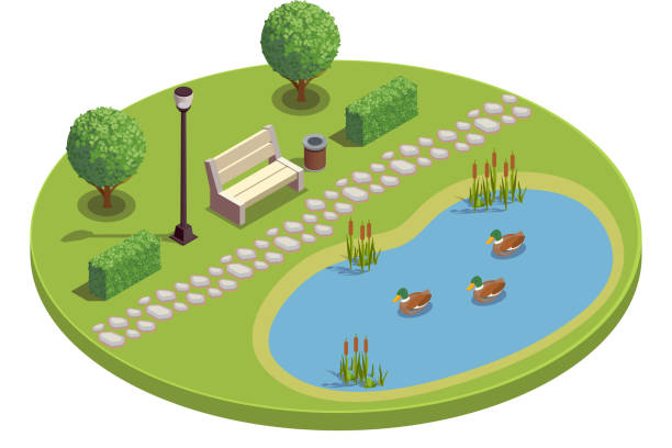 modern city and park infrastructure isometric composition City park recreational area round isometric element with bench trees bushes pond plants reeds ducklings vector illustration pond illustrations stock illustrations