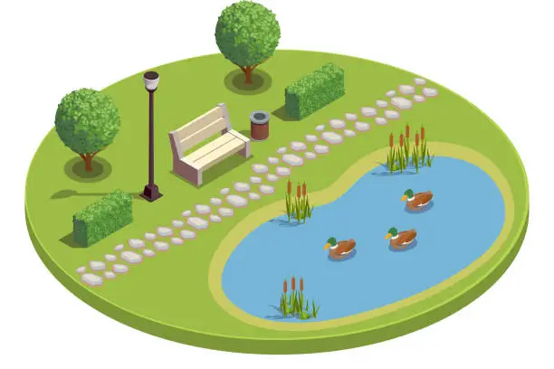 Vector illustration of modern city and park infrastructure isometric composition
