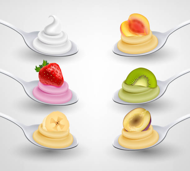 スプーン現実的なセットでヨーグルトクリームフルーツ - freshness food serving size kiwi点のイラスト素材／クリップアート素材／マンガ素材／アイコン素材