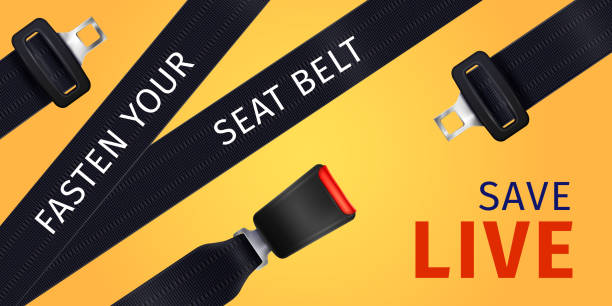 realistic seatbelt safety Realistic passenger seat belt poster of social advertising on yellow background vector illustration yellow belt stock illustrations