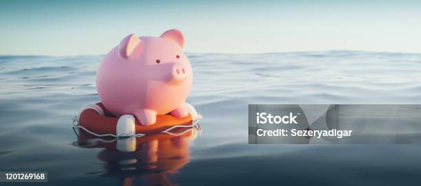 Piggy Bank On Lifebuoy 3d Render Stock Photo - Download Image Now - Savings, Currency, Accidents and Disasters