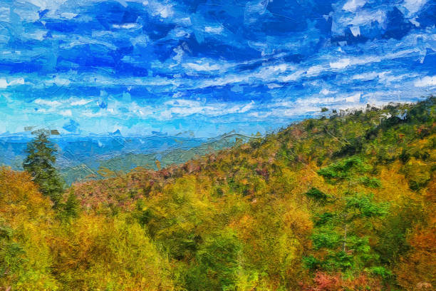 ブルーリッジパークウェイに沿って見たアパラチア山脈の秋の印象派スタイルのアートワーク - blue ridge parkway mountain mountain range forest点のイラスト素材／クリップアート素材／マンガ素材／アイコン素材