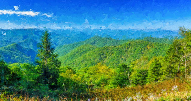 импрессионистический стиль искусства осени в аппалачи горы рассматриваются вдоль блу ридж паркуэй - blue ridge parkway mountain mountain range forest stock illustrations