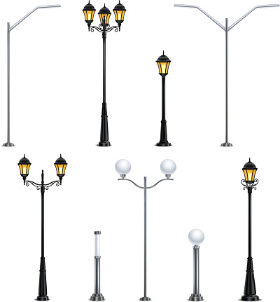 Street lights realistic icon set on white background in different styles for the city vector illustration