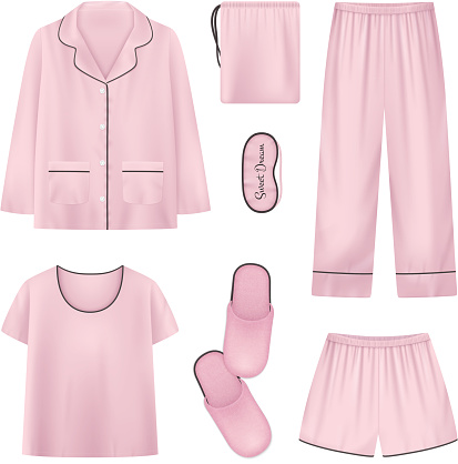 Pink and isolated realistic sleepwear house slippers sleeptime icon set with shirt slippers pants vector illustration