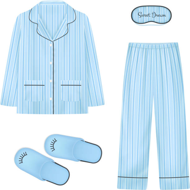realistic sleeptime set Nightwear realistic set in blue color with  slippers eye patch for sleep and pajamas isolated vector illustration pajamas illustrations stock illustrations