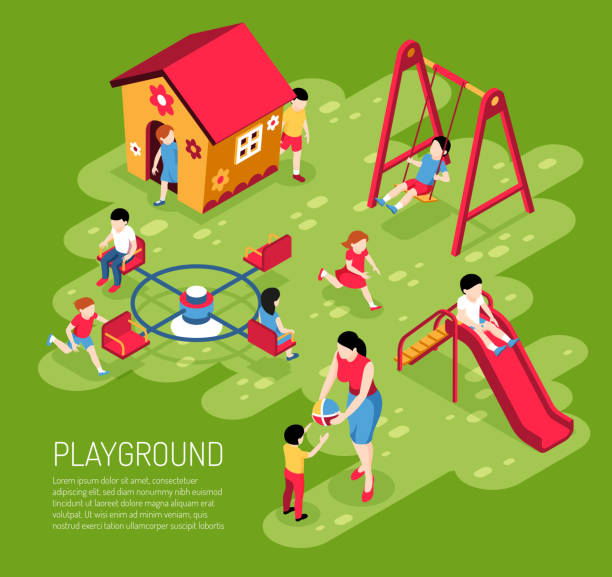 isometric kindergarten illustration Educator and kids on play ground in kindergarten in summer on green background isometric vector illustration playhouse stock illustrations