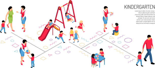 illustrations, cliparts, dessins animés et icônes de illustration horizontale isométrique de jardin d'enfants - preschooler