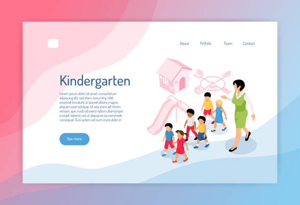 isometric kindergarten concept banner Kindergarten isometric web page with group of preschoolers educator and objects of play ground vector illustration background of a babysitter stock illustrations
