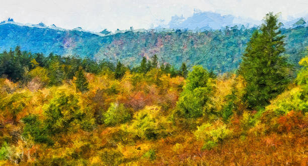 illustrazioni stock, clip art, cartoni animati e icone di tendenza di opere d'arte in stile impressionista dell'autunno nelle montagne appalachi viste lungo la blue ridge parkway - great smoky mountains illustrations