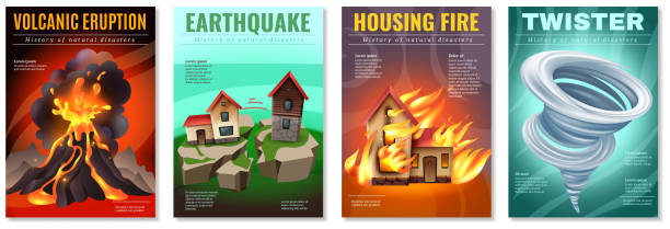 naturkatastrophen poster-set - tornado natural disaster damaged house stock-grafiken, -clipart, -cartoons und -symbole