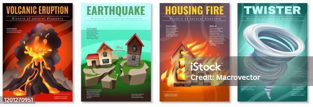 Set Poster Bencana Alam Ilustrasi Stok - Unduh Gambar Sekarang - Gempa bumi, Poster - Tanda, Angin topan - Badai