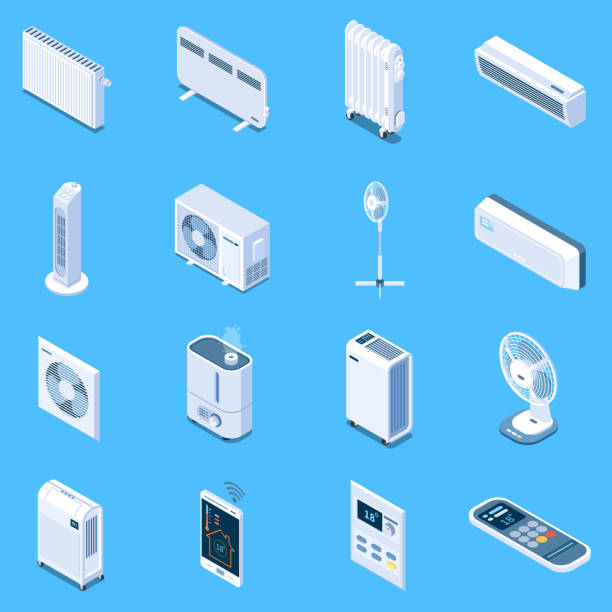 home climate control isometric Home climate control isometric icons with floor table and tower fans air conditioner heat curtain electric and oil heaters isolated vector illustration electric heater stock illustrations