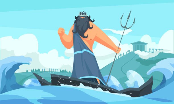 ancient greece gods poseidon Greece ancient gods flat cartoon strip with poseidon among waves striking sea with his trident vector illustration greek god poseidon backgrounds stock illustrations