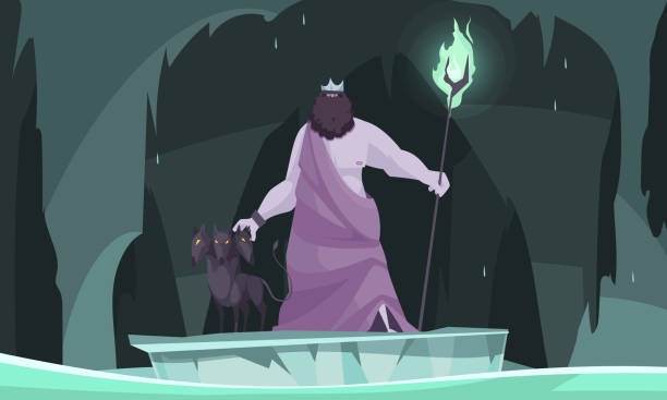 ancient greece gods hades Ancient greek underworld god king of dead hades flat cartoon composition with three headed dog vector illustration greek god poseidon backgrounds stock illustrations