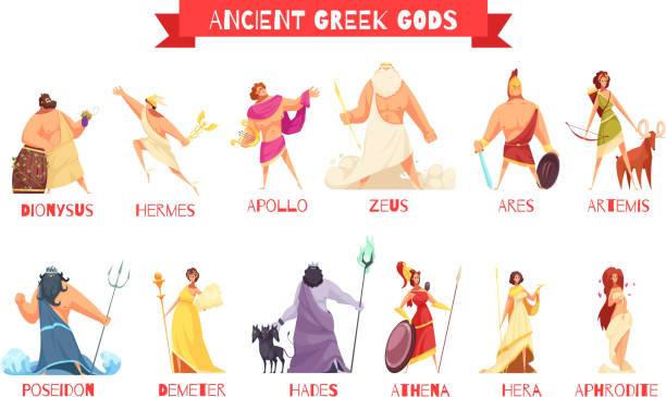 ancient greece gods horizontal set Ancient greek gods 2 horizontal cartoon figures sets with dionysus zeus poseidon aphrodite apollo athena vector illustration goddess of ocean stock illustrations