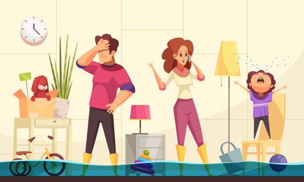 plumber flood house illustration Flooded house emergency flat cartoon image with family home calling plumber to fix burst pipes vector illustration flooded home stock illustrations