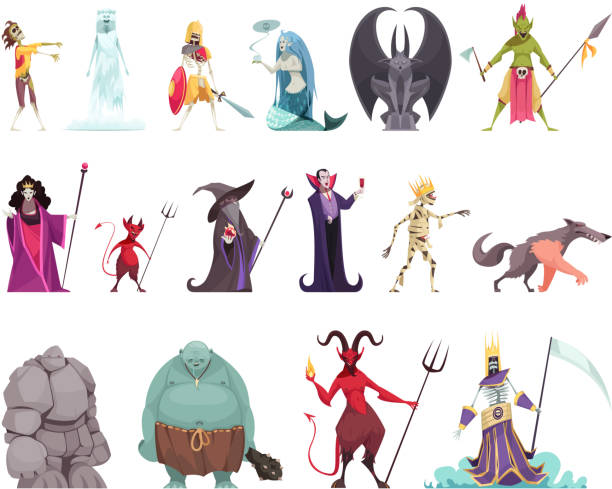 fantasy evil characters set Evil fairy tails characters set with wicked witch stepmother queen vampire stone man dragon funny colorful vector illustration cruel illustrations stock illustrations