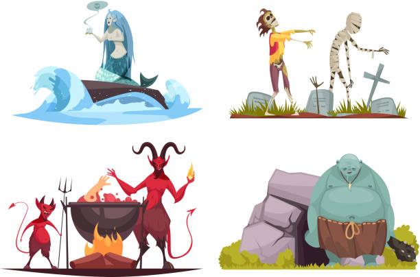 ilustraciones, imágenes clip art, dibujos animados e iconos de stock de concepto de diseño de personajes malignos - mala de la sirenita