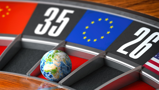 Earth as a ball of casino roulette with european union EU flag in winning number. Time of world leadership of EU and winning in world trade war concept, 3d illustration