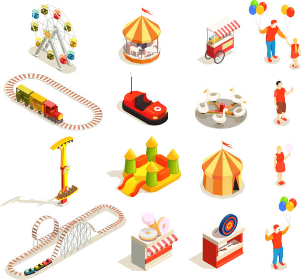 ilustraciones, imágenes clip art, dibujos animados e iconos de stock de parques de atracciones iconos isométricos - rollercoaster carnival amusement park carousel