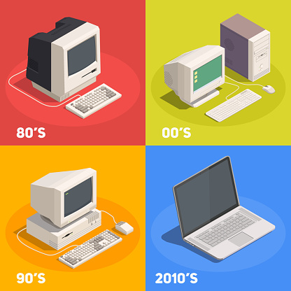 Retro gadgets 2x2 isometric design concept with computer evolution 3d isolated vector illustration
