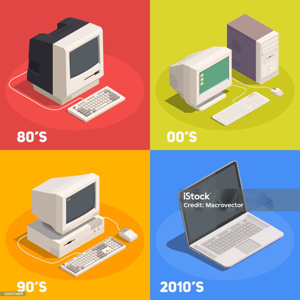 retro gadgets devices isometric composition Retro gadgets 2x2 isometric design concept with computer evolution 3d isolated vector illustration Computer stock vector