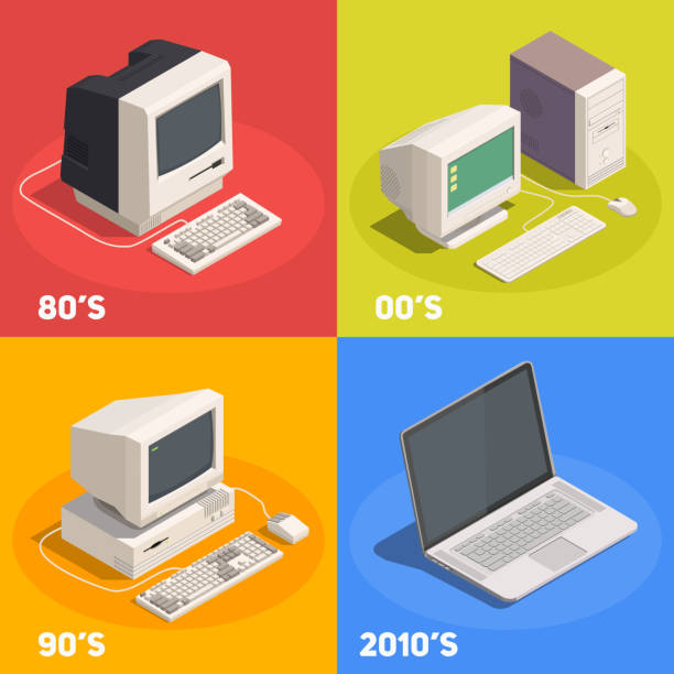 retro gadgets devices isometric composition Retro gadgets 2x2 isometric design concept with computer evolution 3d isolated vector illustration history illustrations stock illustrations