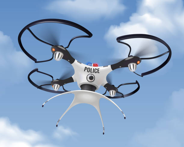 illustrations, cliparts, dessins animés et icônes de drone de police réaliste dans le ciel - drone