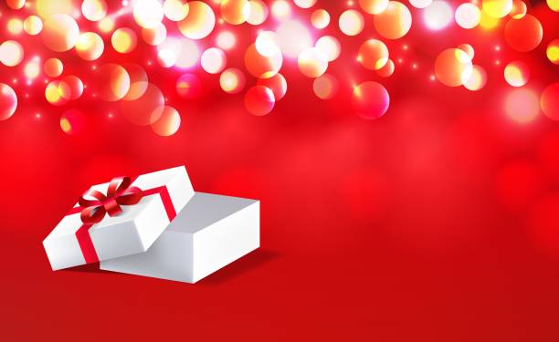 istock Open gift box with red bow ribbon isolated on on red bokeh background. Vector illustration 1201273234