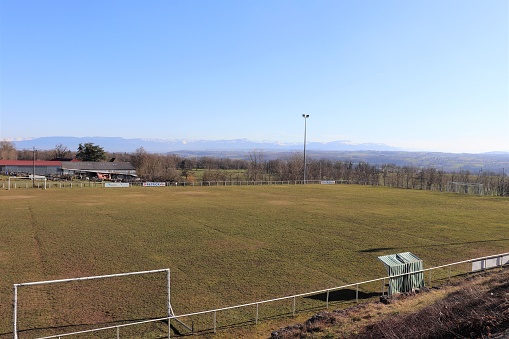 Football stadium and field in the village of Rochetoirin - Isère department - Rhône Alpes region - France