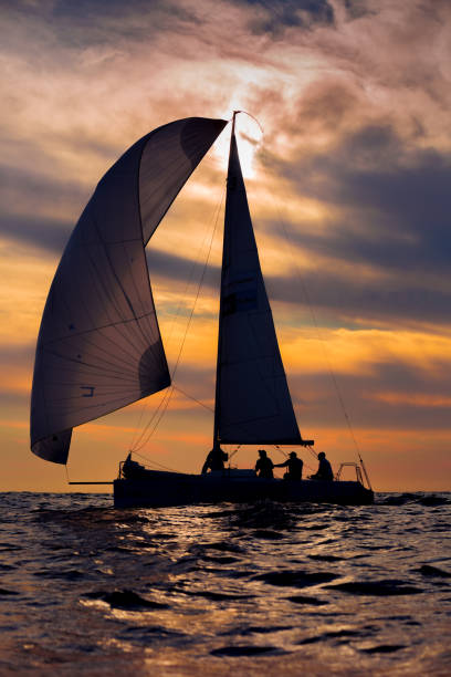 istock Yacht silhouette in the high sea on sunset 1201276973