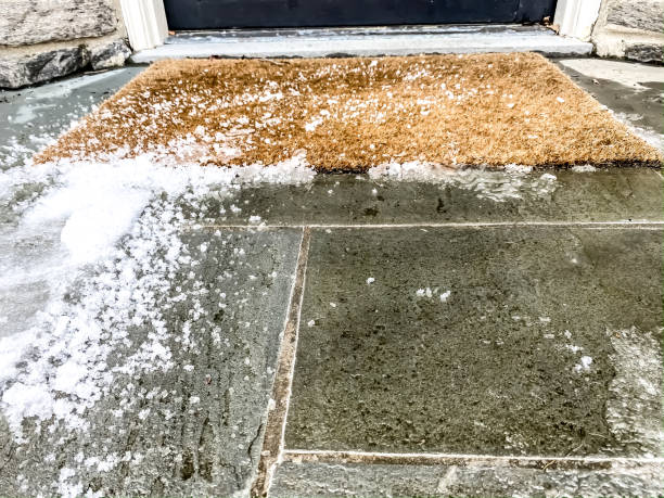 Doormat, Snow & Footprints on Slate Residential Patio
