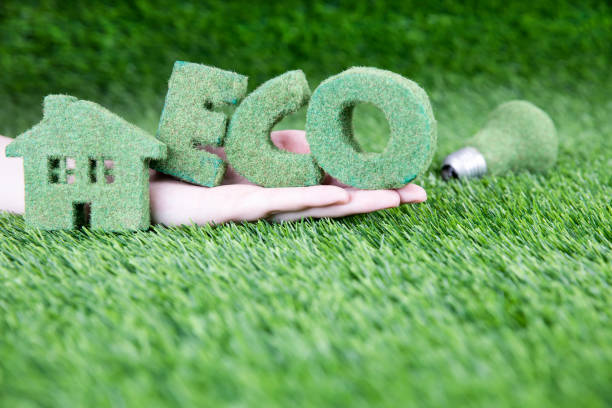 A man holds in his hand the word eco from volumetric green letters. Small eco house and lamp. A miniature copy of the house on a background of grass. stock photo