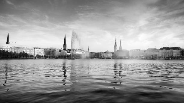 Panoramic view of the Binnen Alster Hamburg. Developed as Black and white.