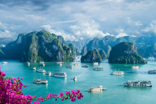 landscape with halong bay - halong bay vietnam bay cruise imagens e fotografias de stock