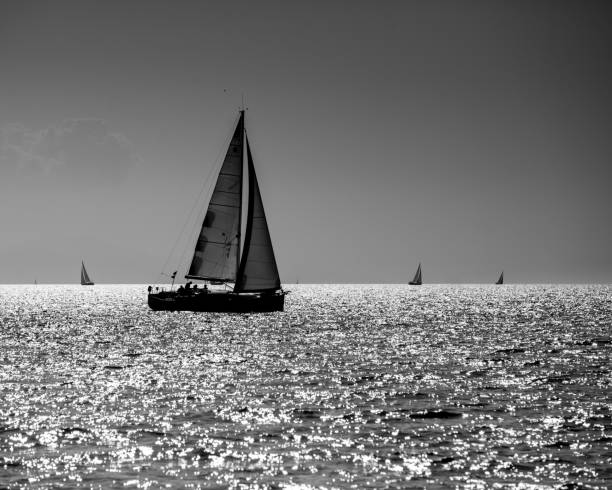 istock Yacht silhouette in the high sea on sunset 1201281930
