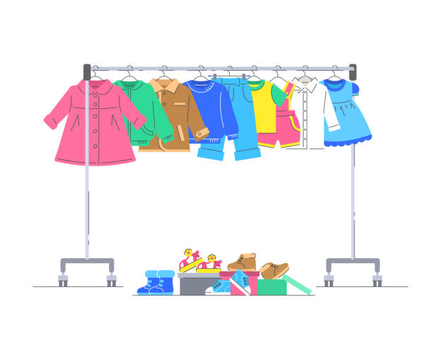 babykleidung auf kleiderständer mit schuhen - clothing closet hanger dress stock-grafiken, -clipart, -cartoons und -symbole