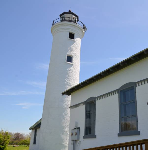 istock tall white lighthouse building and blue sky Tibbetts Point 1201287216