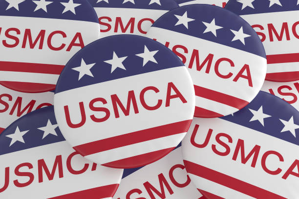 istock Pile of USMCA Buttons With US Flag, 3d illustration 1201287731