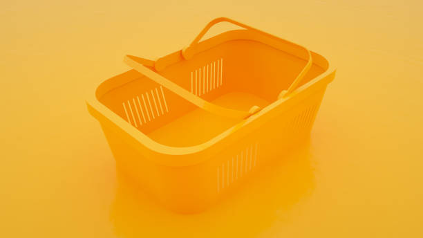 Plastic basket for food on yellow background. 3d illustration.