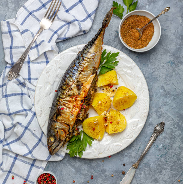 istock Baked mackerel with boiled potatoes. 1201290249